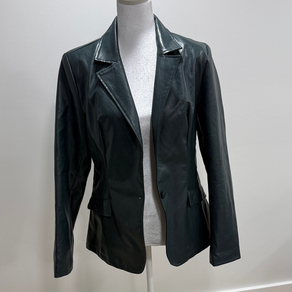 Women's Dark Green Leather Blazer Jacket - Classic Tailored Style